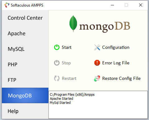 Быстрый доступ к настройкам MongoDB в веб-сервере AMPPS