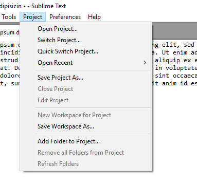 Вкладка управления проектами в JavaScript редакторе Sublime Text 3