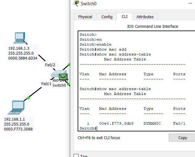 Рисунок 1.20.10 Таблица мак-адресов коммутатора после того, как он обработал первый Ethernet кадр