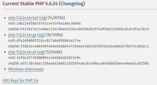 Страница выбора версии PHP для скачивания и последующей установки