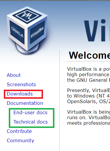 Главное меню на официальной странице проекта Oracle VirtualBox