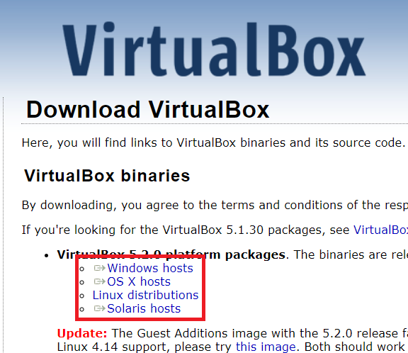 Блок ссылок на скачивание VirtualBox для различных операционных систем