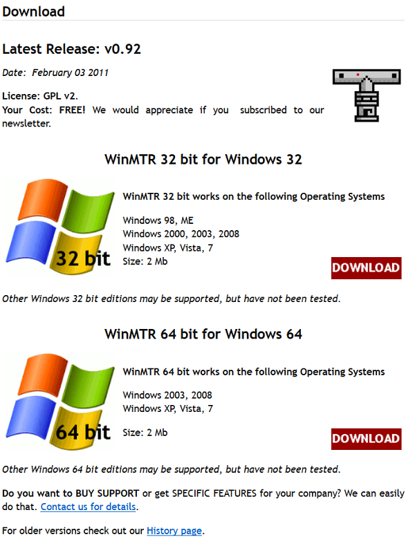 Раздел официального сайта WinMTR, в котором можно скачать приложение