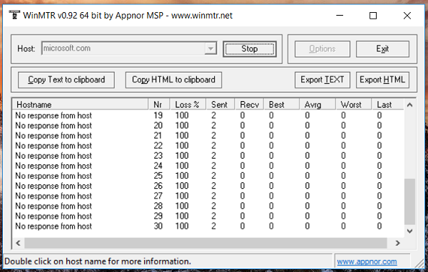 Трассировка WinMTR до узла, который не отвечает на ICMP запросы