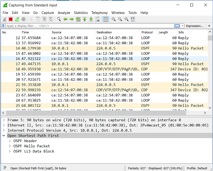1.5 Hello-пакеты OSPF в дампе Wireshark