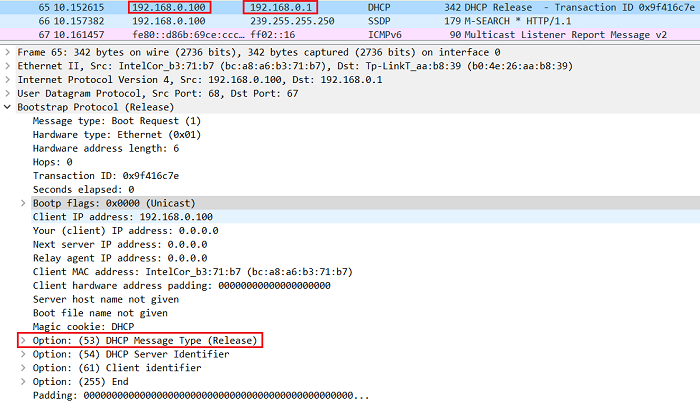 9.4.2 Сообщение DHCPREALEASE, которое отправил клиент, чтобы освободить IP-адрес